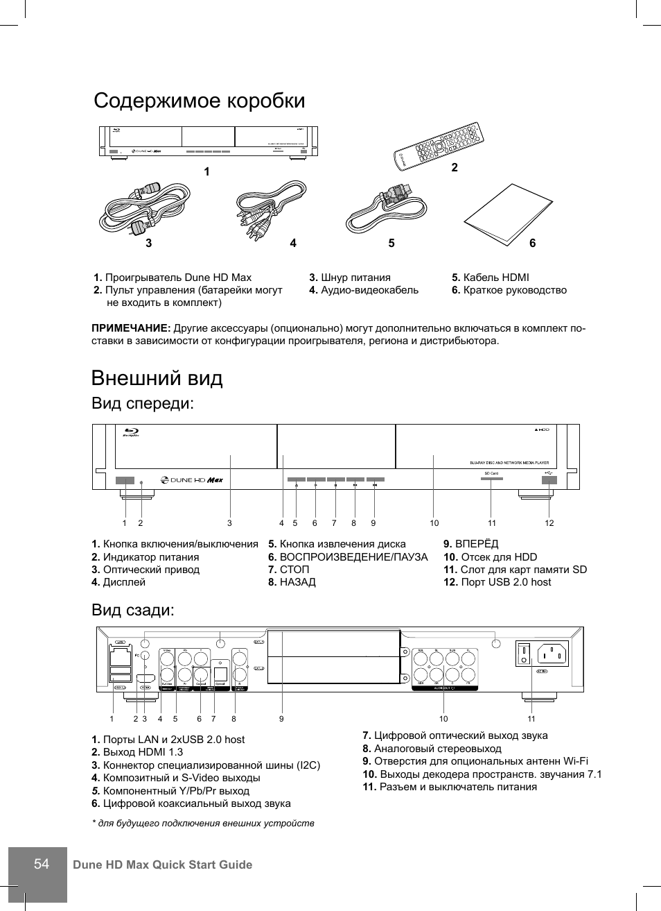 Содержимое коробки, Внешний вид, Вид спереди: вид сзади | DUNE HD Max User Manual | Page 54 / 76