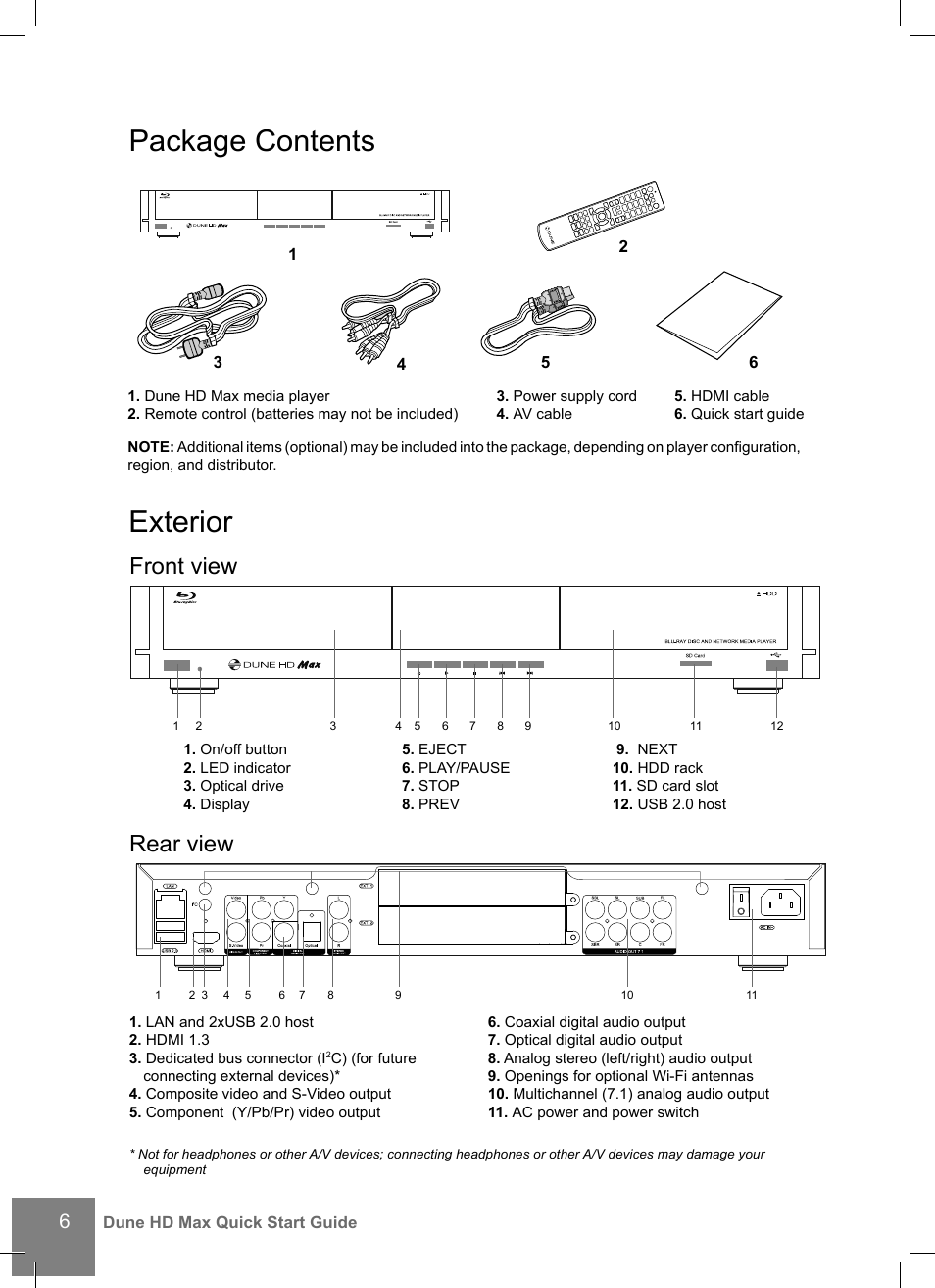 Package contents, Exterior, Front view rear view | DUNE HD Max User Manual | Page 6 / 76