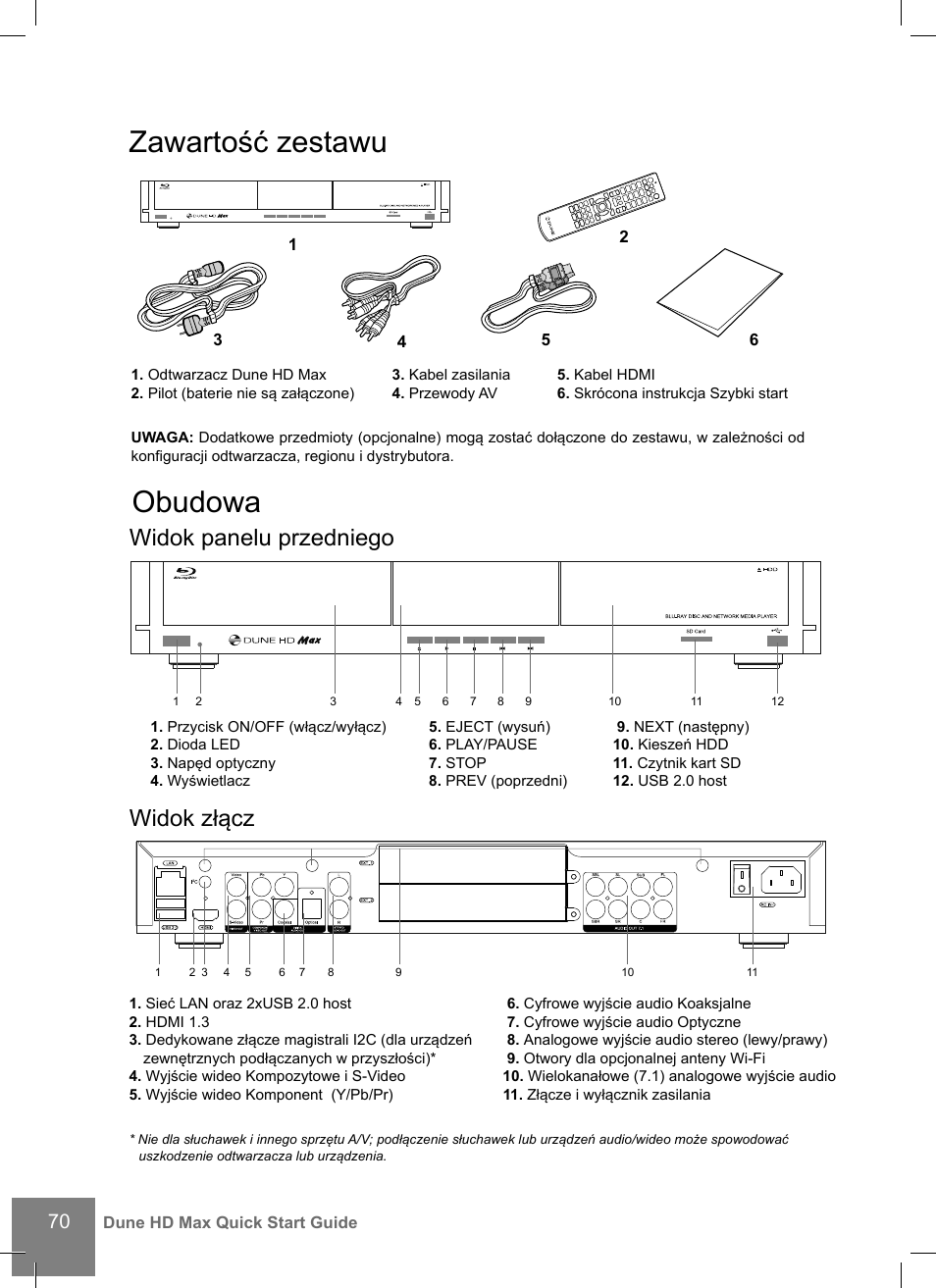 Zawartość zestawu, Obudowa, Widok panelu przedniego widok złącz | DUNE HD Max User Manual | Page 70 / 76