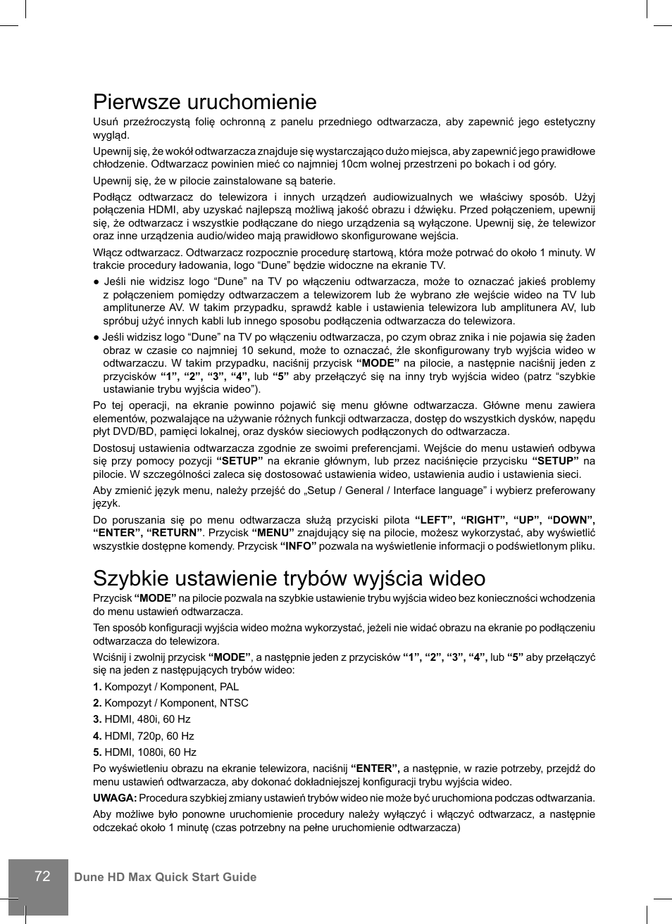 Pierwsze uruchomienie, Szybkie ustawienie trybów wyjścia wideo | DUNE HD Max User Manual | Page 72 / 76