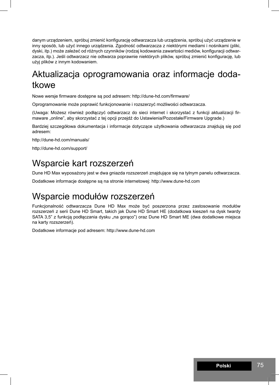 Wsparcie kart rozszerzeń, Wsparcie modułów rozszerzeń | DUNE HD Max User Manual | Page 75 / 76
