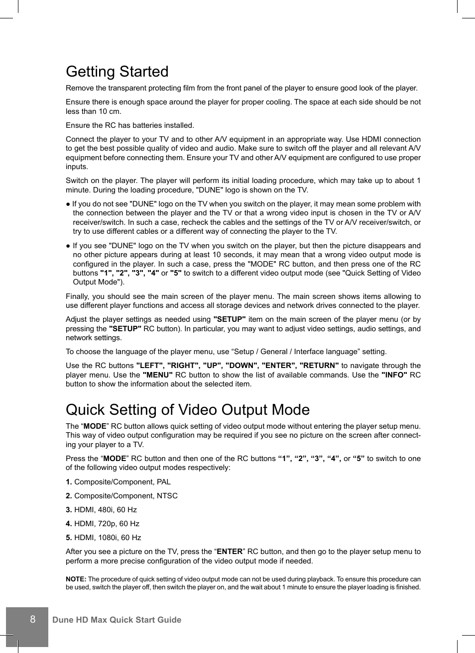 Getting started, Quick setting of video output mode | DUNE HD Max User Manual | Page 8 / 76