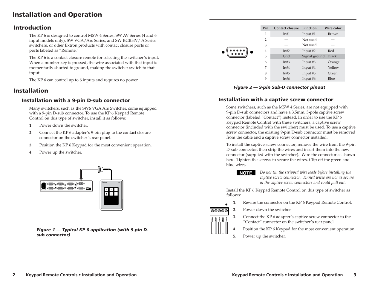 Installation and operation, Introduction, Installation | 60hz, Installation with a 9-pin d-sub connector, Installation with a captive screw connector | Extron Electronics KP 6 Keypad Remote User Manual | Page 2 / 3