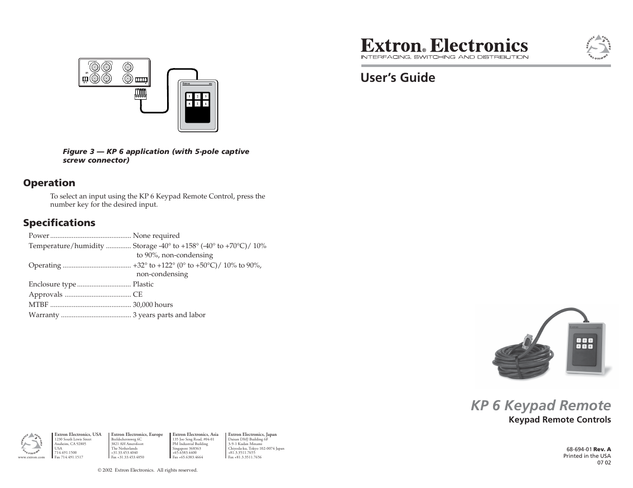 Kp 6 keypad remote, User’s guide, Operation | Specifications, Keypad remote controls | Extron Electronics KP 6 Keypad Remote User Manual | Page 3 / 3
