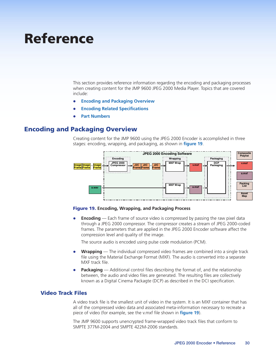 Reference, Encoding and packaging overview, Video track files | Encoding related specifications, Part numbers | Extron Electronics JPEG 2000 Encoder User Manual | Page 34 / 37