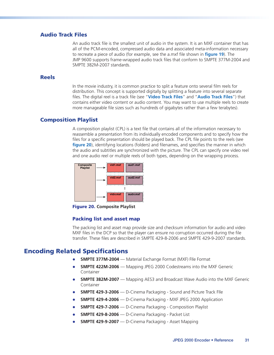 Audio track files, Reels, Composition playlist | Encoding related specifications, Audio track files reels composition playlist, Packing list and asset map | Extron Electronics JPEG 2000 Encoder User Manual | Page 35 / 37