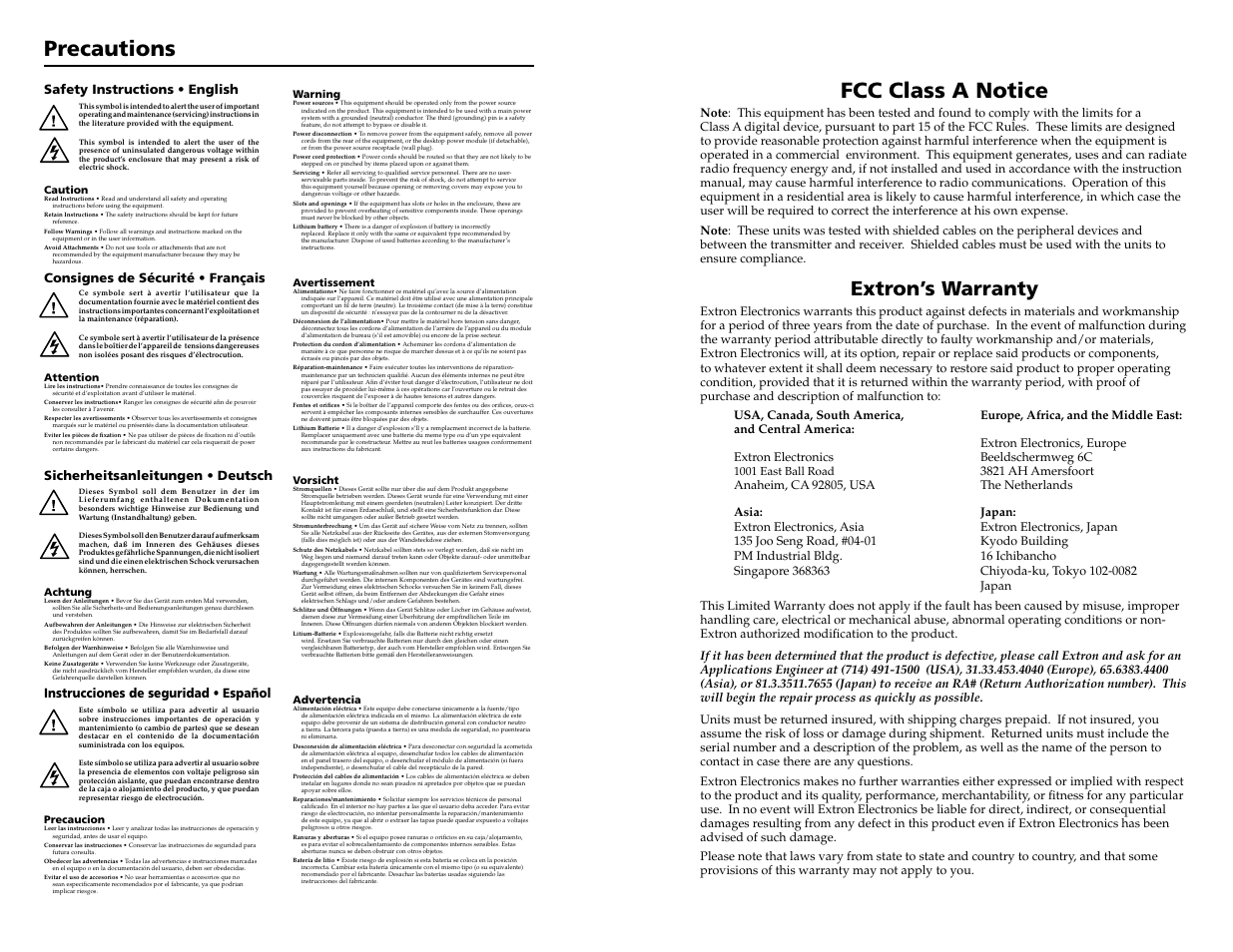 Precautions, Fcc class a notice, Extron’s warranty | Instrucciones de seguridad • español, 1001 east ball road | Extron Electronics ISS 506 IO_board Installation User Manual | Page 2 / 17