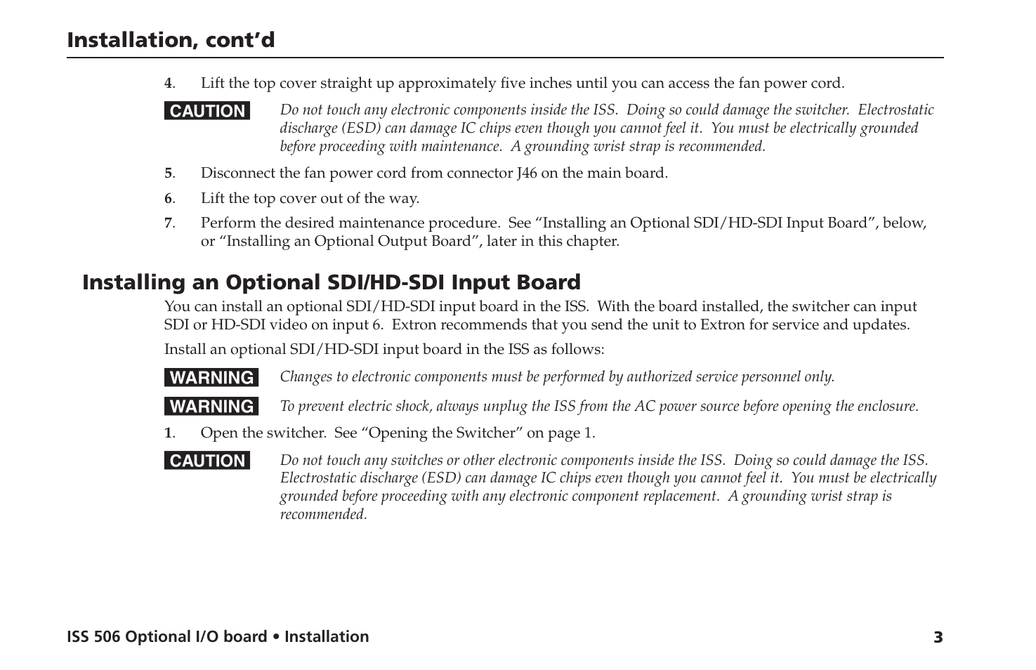 Installation, cont’d, Installing an optional sdi/hd-sdi input board | Extron Electronics ISS 506 IO_board Installation User Manual | Page 6 / 17