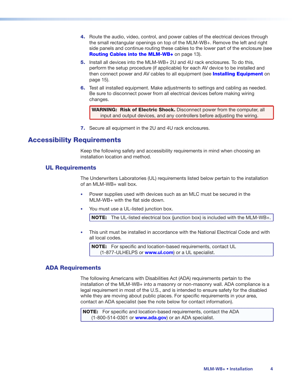 Accessibility requirements, Ul requirements, Ada requirements | Ul requirements ada requirements | Extron Electronics MLM-WB+ User Manual | Page 10 / 27