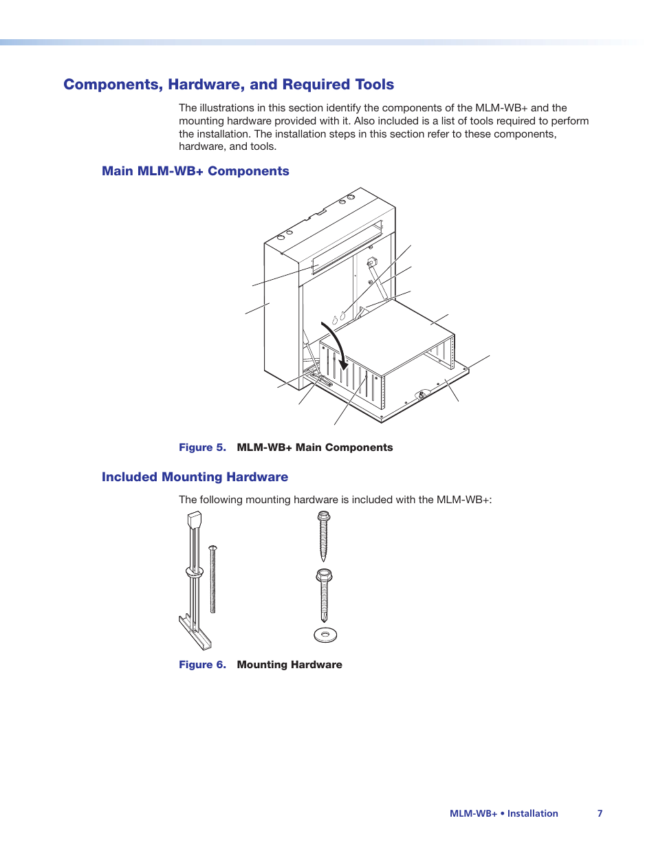 Components, hardware, and required tools, Main mlm-wb+ components, Included mounting hardware | Components, hardware, and required, Tools, Main mlm-wb+ components included mounting hardware | Extron Electronics MLM-WB+ User Manual | Page 13 / 27