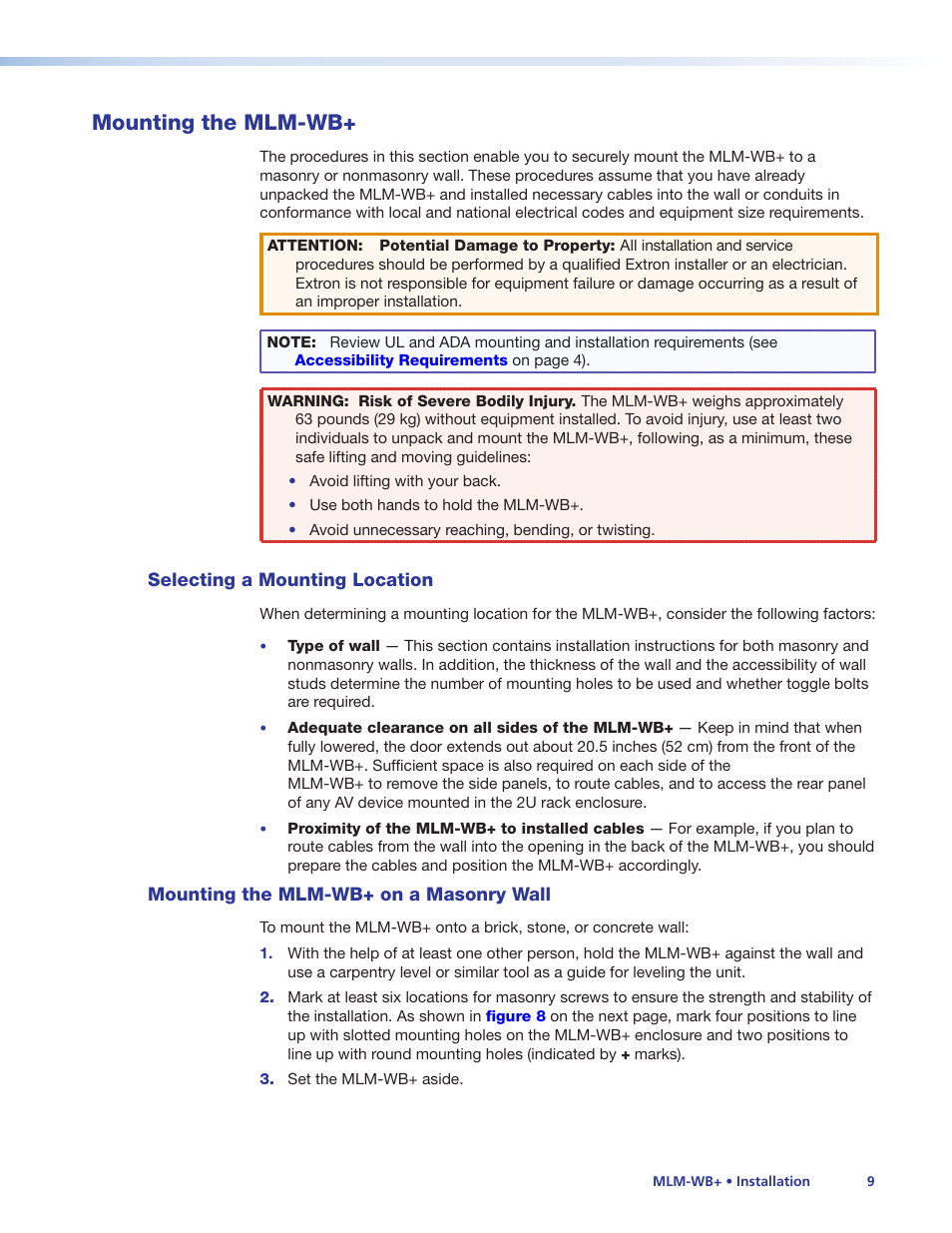 Mounting the mlm-wb, Selecting a mounting location, Mounting the mlm-wb+ on a masonry wall | Wall | Extron Electronics MLM-WB+ User Manual | Page 15 / 27
