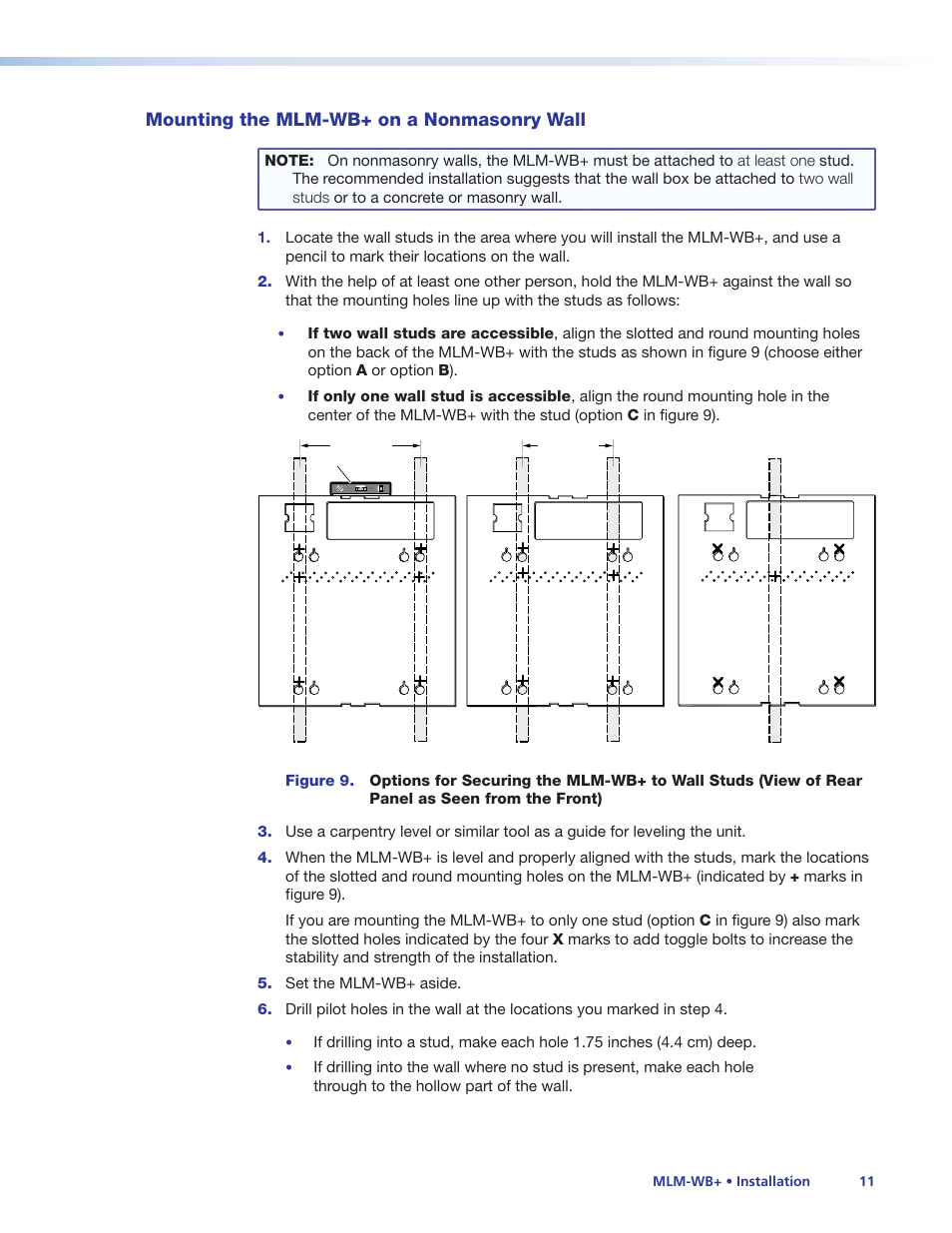 Mounting the mlm-wb+ on a nonmasonry wall, Mounting the mlm-wb+ on a, Nonmasonry wall | Extron Electronics MLM-WB+ User Manual | Page 17 / 27
