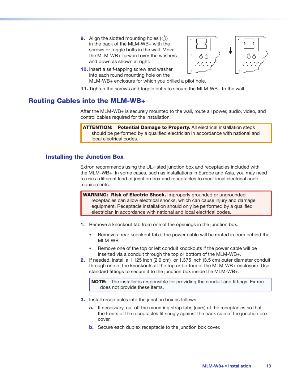 Routing cables into the mlm-wb, Installing the junction box | Extron Electronics MLM-WB+ User Manual | Page 19 / 27