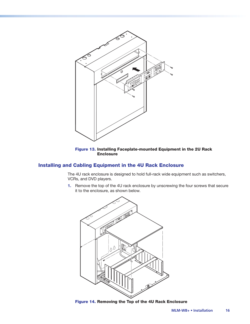 Installing and cabling equipment in the, 4u rack enclosure | Extron Electronics MLM-WB+ User Manual | Page 22 / 27