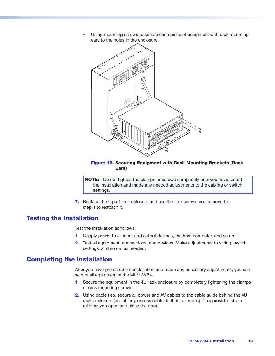 Testing the installation, Completing the installation | Extron Electronics MLM-WB+ User Manual | Page 24 / 27