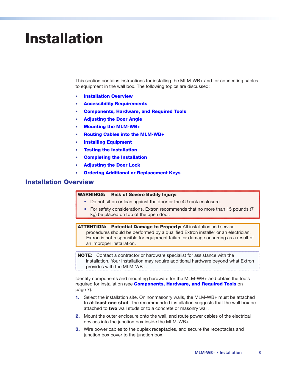 Installation, Installation overview | Extron Electronics MLM-WB+ User Manual | Page 9 / 27