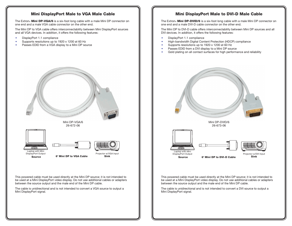 Extron Electronics Mini DisplayPort Male to VGA Male Cable User Manual | 2 pages