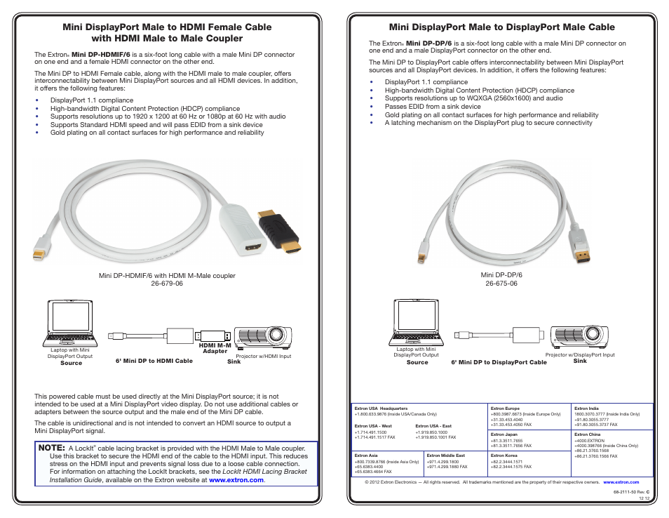 Mini displayport male to displayport male cable | Extron Electronics Mini DisplayPort Male to VGA Male Cable User Manual | Page 2 / 2