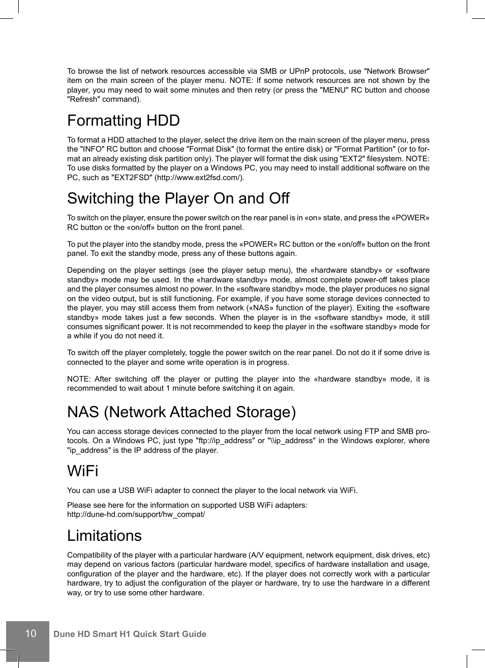 Formatting hdd, Switching the player on and off, Nas (network attached storage) | Wifi, Limitations | DUNE HD Smart H1 User Manual | Page 10 / 76