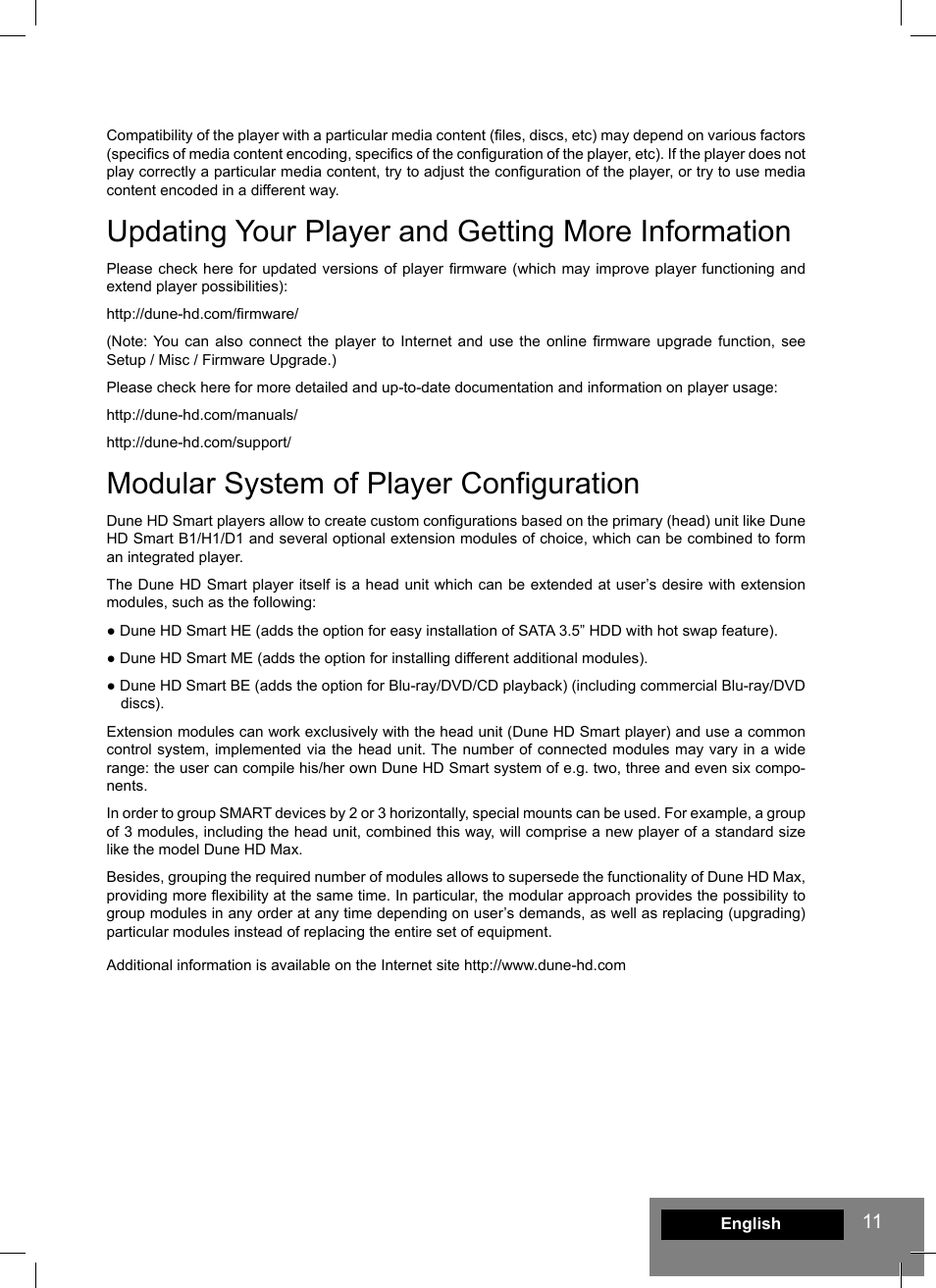Updating your player and getting more information, Modular system of player configuration | DUNE HD Smart H1 User Manual | Page 11 / 76