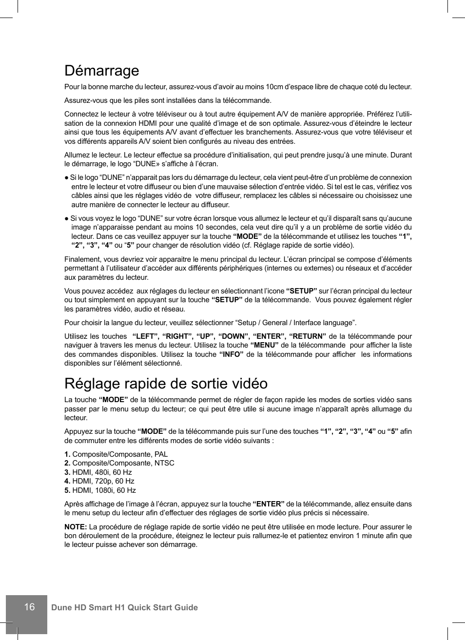 Démarrage, Réglage rapide de sortie vidéo | DUNE HD Smart H1 User Manual | Page 16 / 76