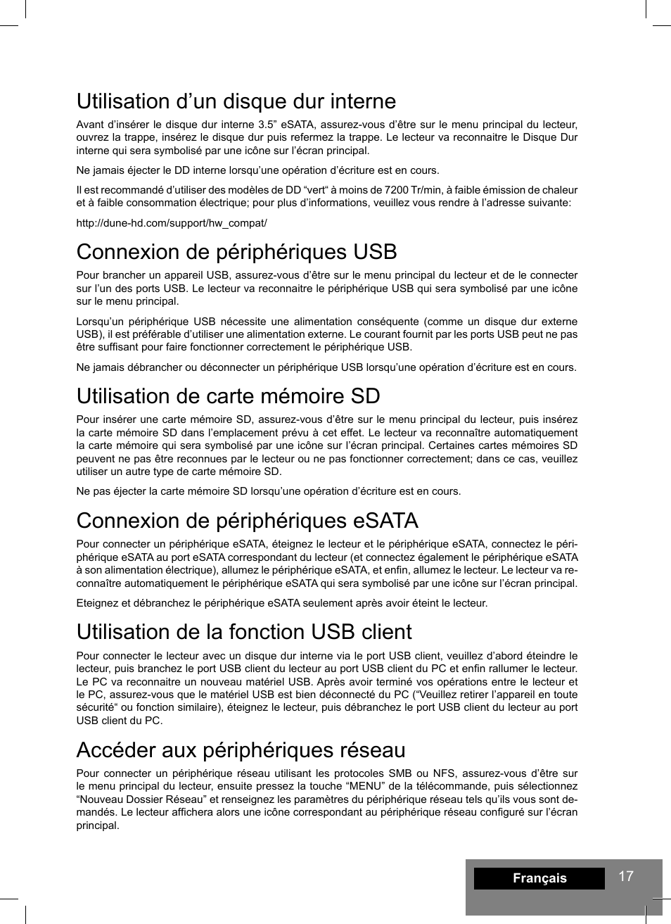Utilisation d’un disque dur interne, Connexion de périphériques usb, Utilisation de carte mémoire sd | Connexion de périphériques esata, Utilisation de la fonction usb client, Accéder aux périphériques réseau | DUNE HD Smart H1 User Manual | Page 17 / 76