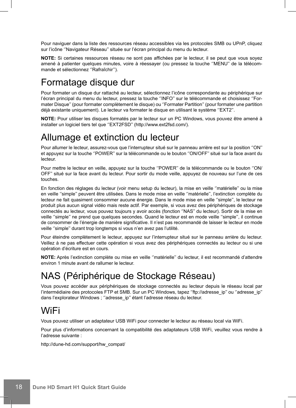 Formatage disque dur, Allumage et extinction du lecteur, Nas (périphérique de stockage réseau) | Wifi | DUNE HD Smart H1 User Manual | Page 18 / 76