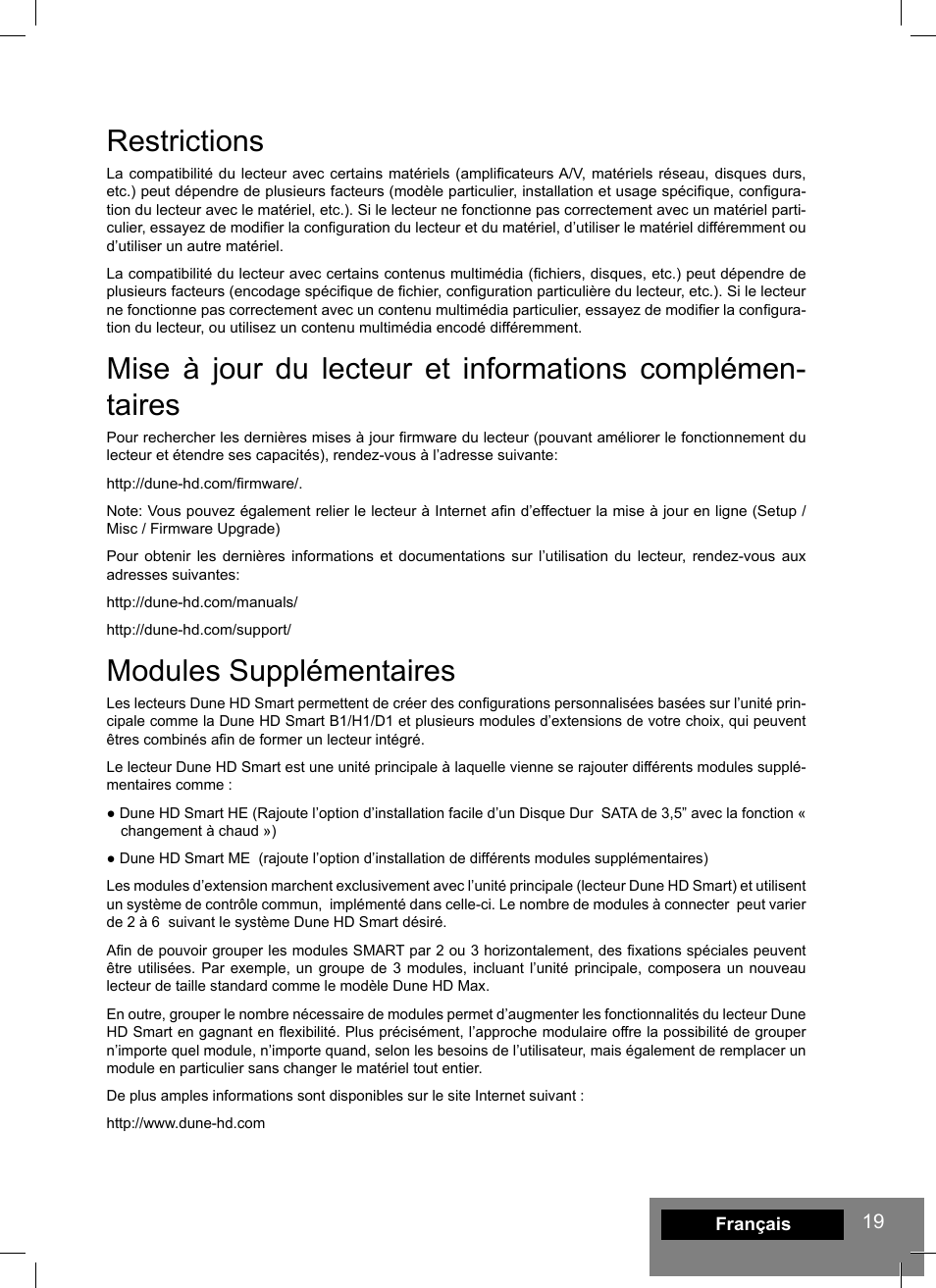 Restrictions, Modules supplémentaires | DUNE HD Smart H1 User Manual | Page 19 / 76