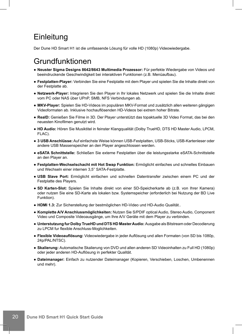 Einleitung, Grundfunktionen | DUNE HD Smart H1 User Manual | Page 20 / 76