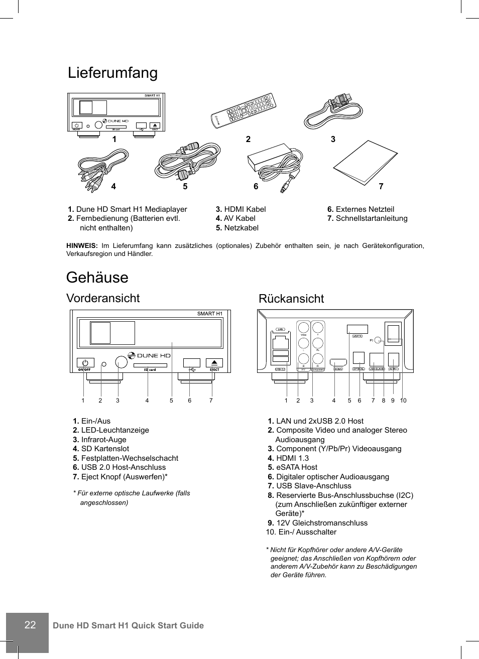 Lieferumfang, Gehäuse, Vorderansicht rückansicht | DUNE HD Smart H1 User Manual | Page 22 / 76