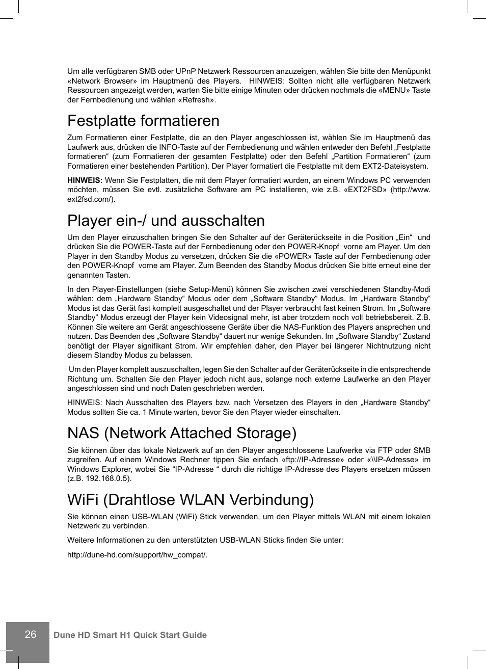 Festplatte formatieren, Player ein-/ und ausschalten, Nas (network attached storage) | Wifi (drahtlose wlan verbindung) | DUNE HD Smart H1 User Manual | Page 26 / 76