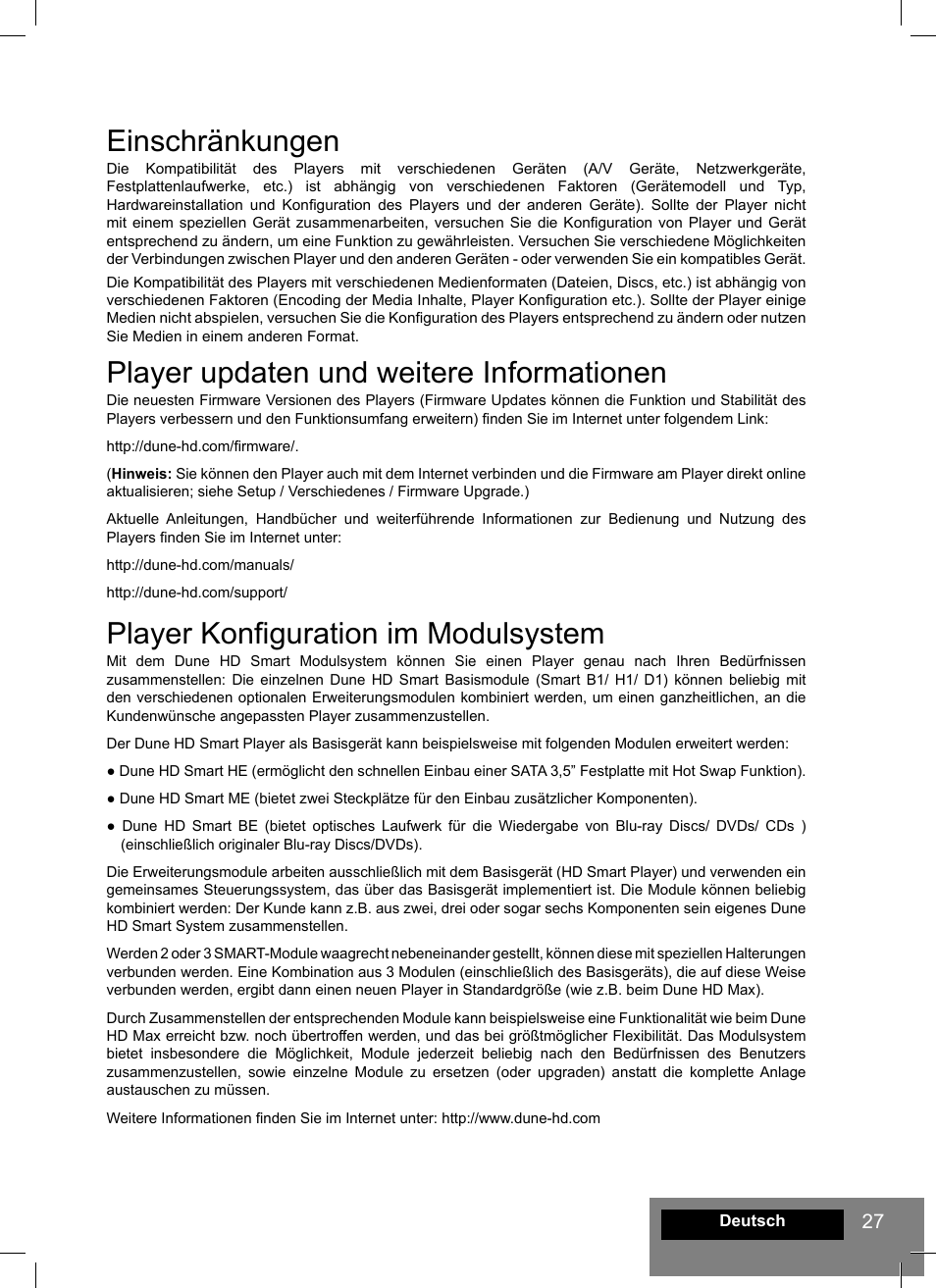 Einschränkungen, Player updaten und weitere informationen, Player konfiguration im modulsystem | DUNE HD Smart H1 User Manual | Page 27 / 76