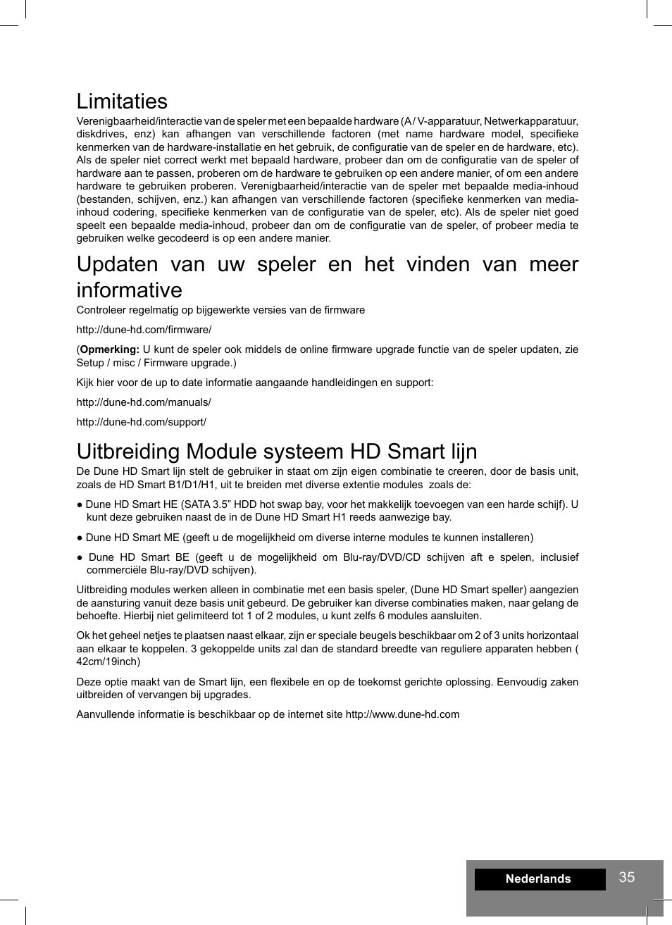 Limitaties, Uitbreiding module systeem hd smart lijn | DUNE HD Smart H1 User Manual | Page 35 / 76