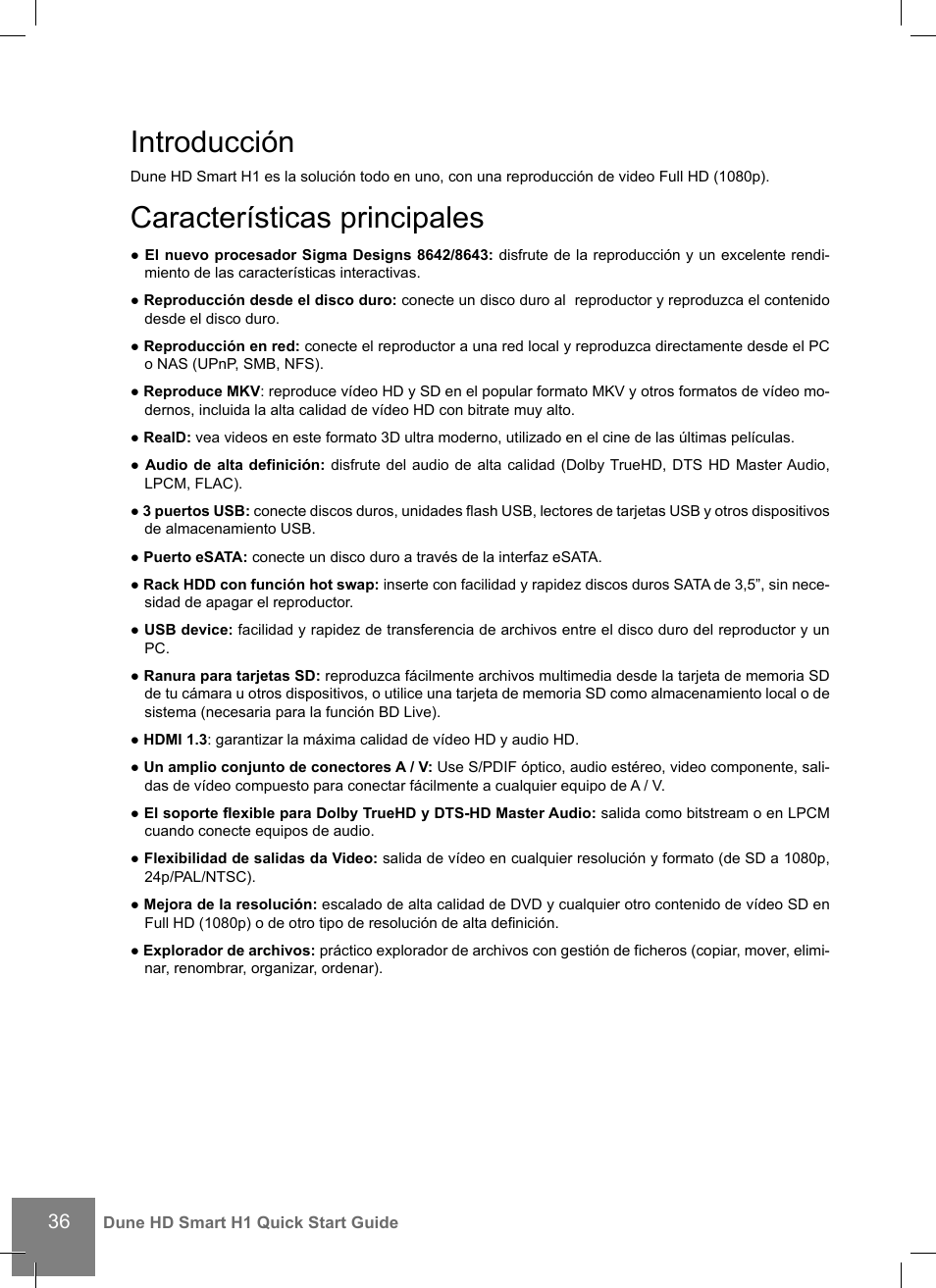 Introducción, Características principales | DUNE HD Smart H1 User Manual | Page 36 / 76