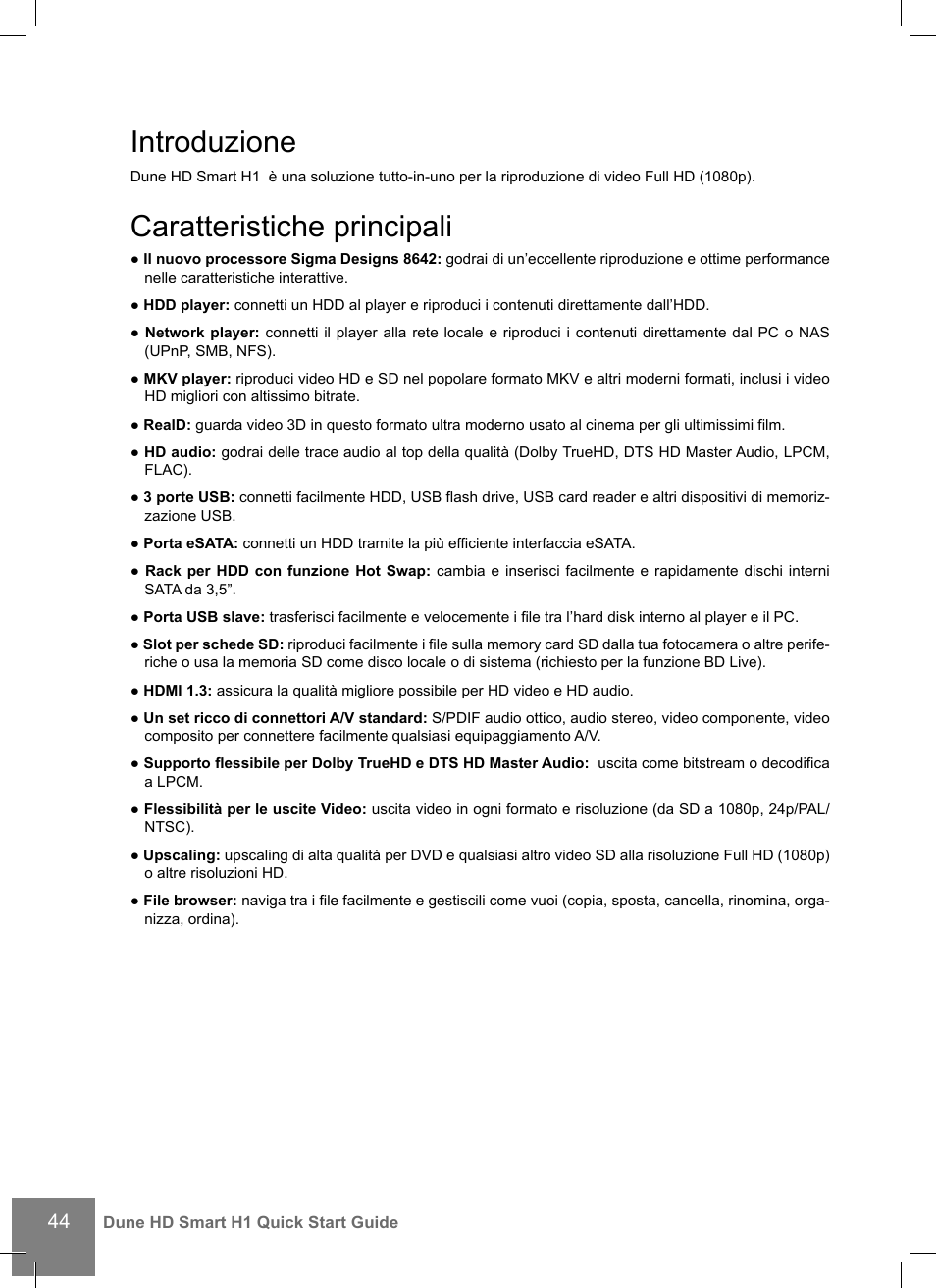 Introduzione, Caratteristiche principali | DUNE HD Smart H1 User Manual | Page 44 / 76