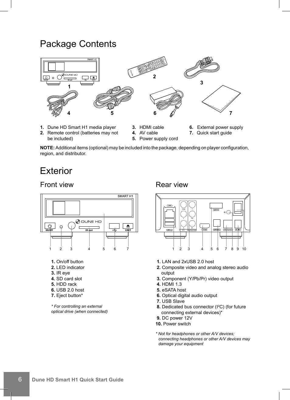 Package contents, Exterior, Front view rear view | DUNE HD Smart H1 User Manual | Page 6 / 76