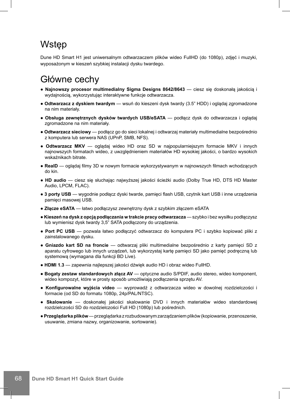 Wstęp, Główne cechy | DUNE HD Smart H1 User Manual | Page 68 / 76