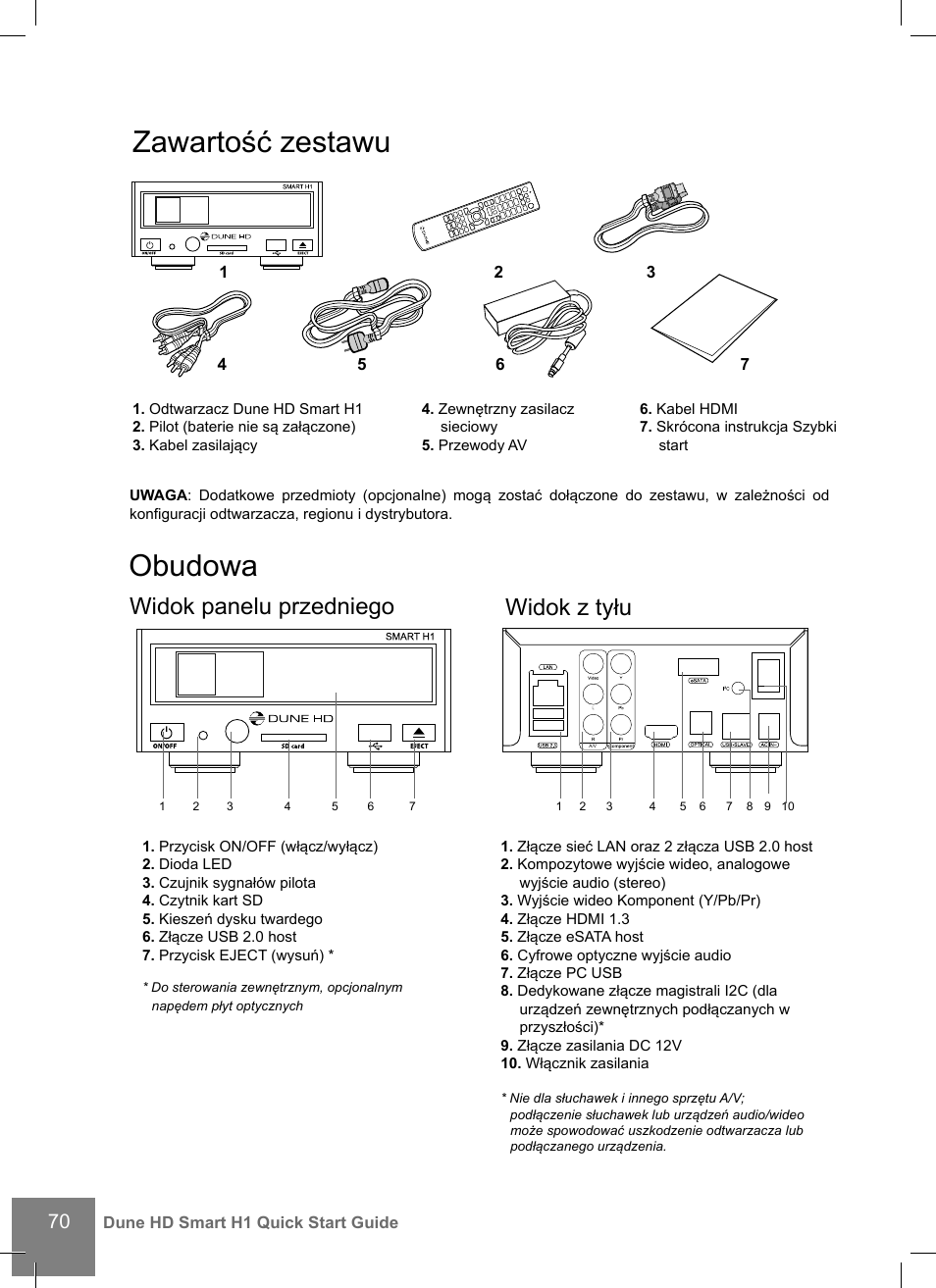 Zawartość zestawu, Obudowa, Widok panelu przedniego widok z tyłu | DUNE HD Smart H1 User Manual | Page 70 / 76