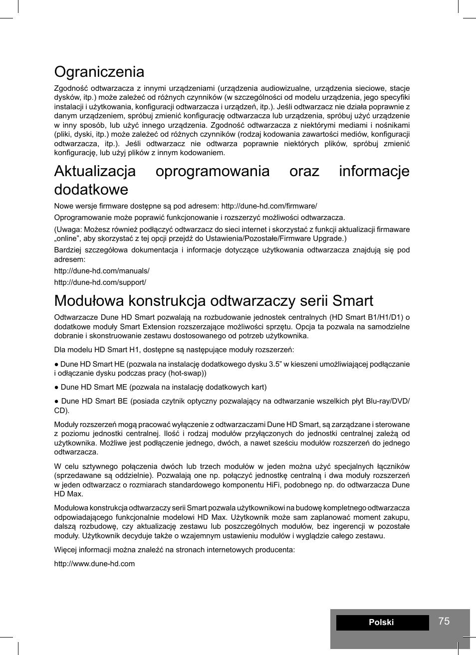 Ograniczenia, Modułowa konstrukcja odtwarzaczy serii smart | DUNE HD Smart H1 User Manual | Page 75 / 76