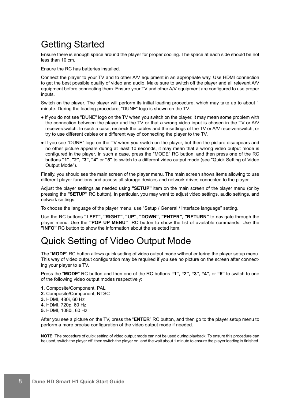 Getting started, Quick setting of video output mode | DUNE HD Smart H1 User Manual | Page 8 / 76