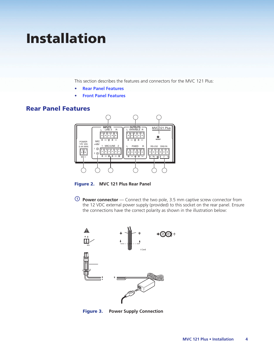 Installation, Rear panel features, Figure 2. mvc 121 plus rear panel | Figure 3. power supply connection, Mvc 121 plus • installation 4 | Extron Electronics MVC 121 Plus User Guide User Manual | Page 10 / 63