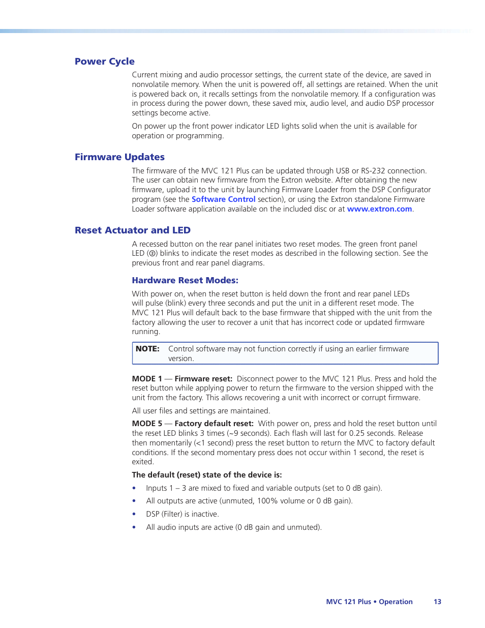 Power cycle, Firmware updates, Reset actuator and led | Extron Electronics MVC 121 Plus User Guide User Manual | Page 19 / 63