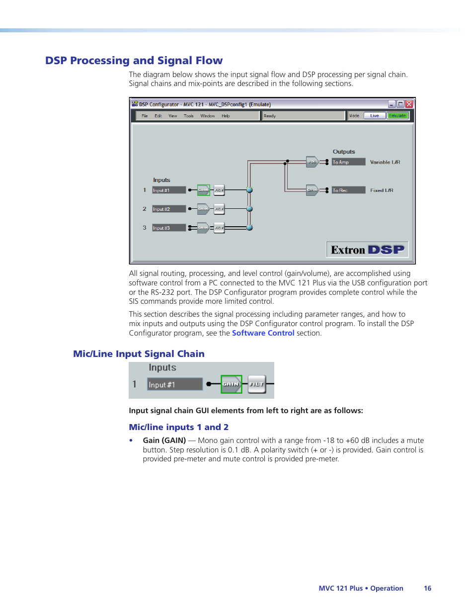 Dsp processing and signal flow, Mic/line input signal chain, Dsp processing/signal flow | Extron Electronics MVC 121 Plus User Guide User Manual | Page 22 / 63