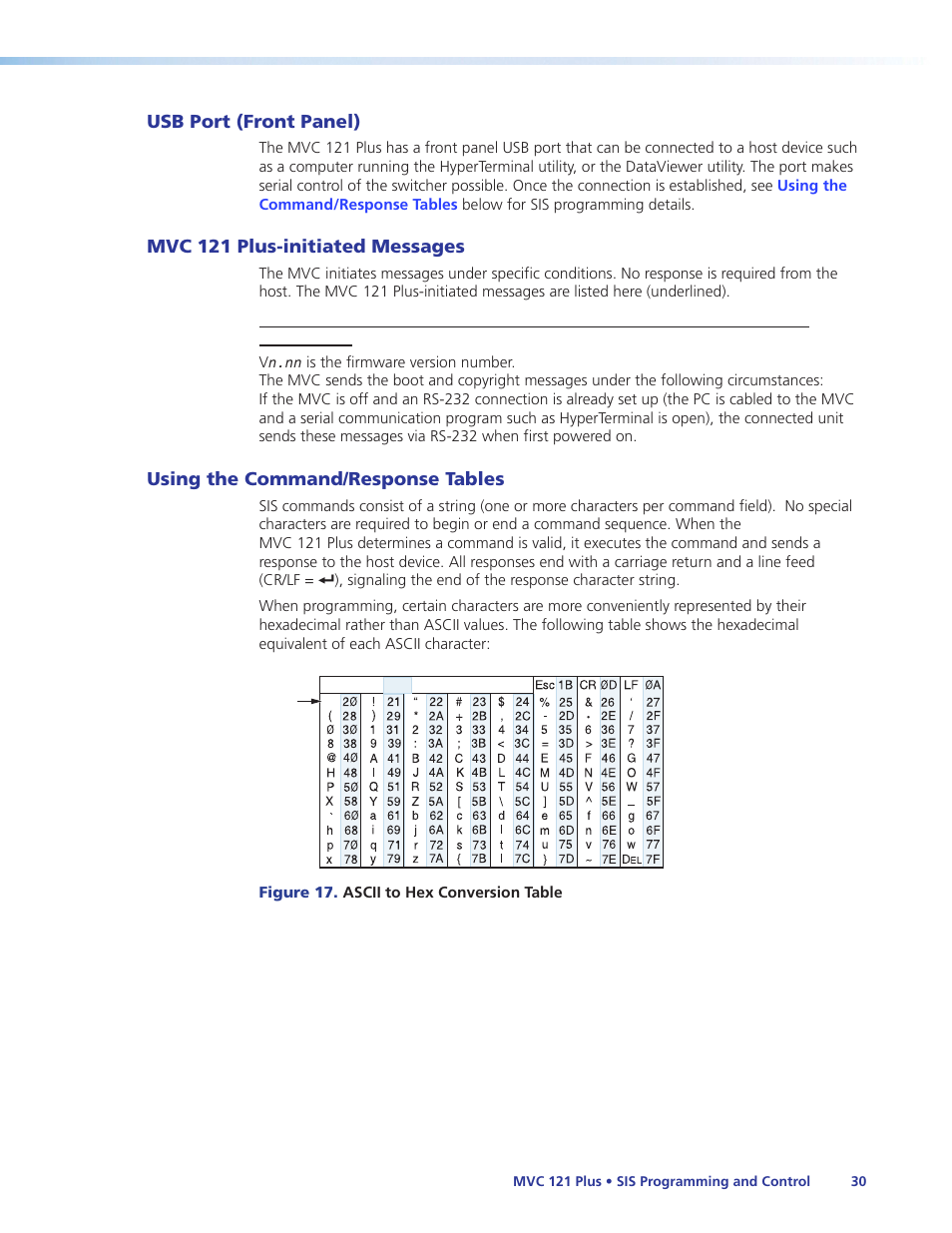 Usb port (front panel), Mvc 121 plus-initiated messages, Using the command/response tables | Using the command/response, Tables | Extron Electronics MVC 121 Plus User Guide User Manual | Page 36 / 63