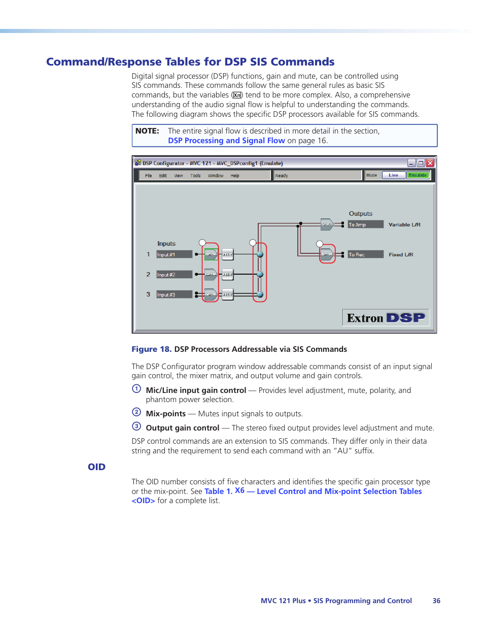 Command/response tables for dsp sis commands, Command/response tables for dsp sis, Commands | Beginning with | Extron Electronics MVC 121 Plus User Guide User Manual | Page 42 / 63