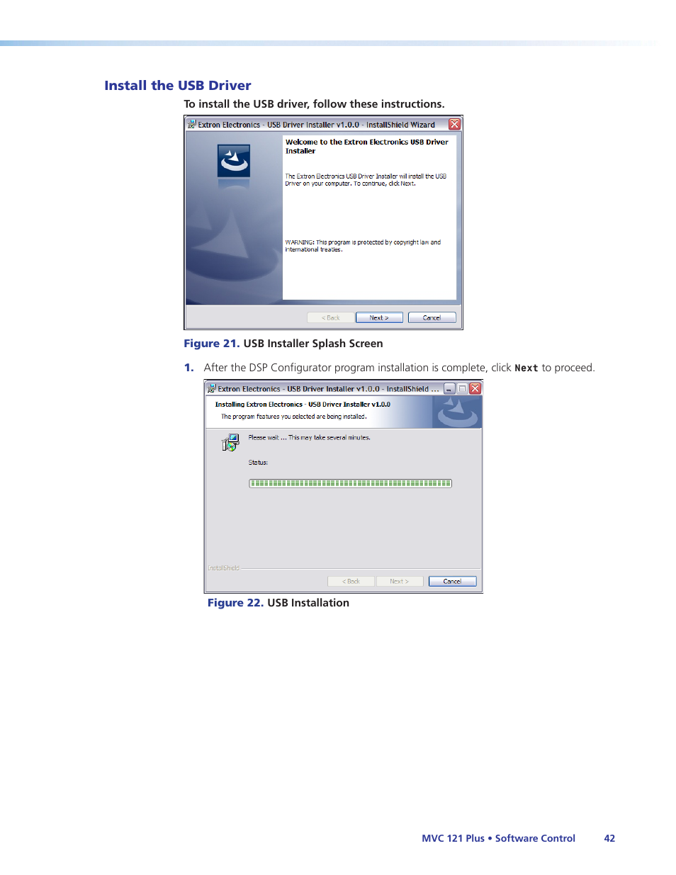 Install the usb driver, Section for additional | Extron Electronics MVC 121 Plus User Guide User Manual | Page 48 / 63