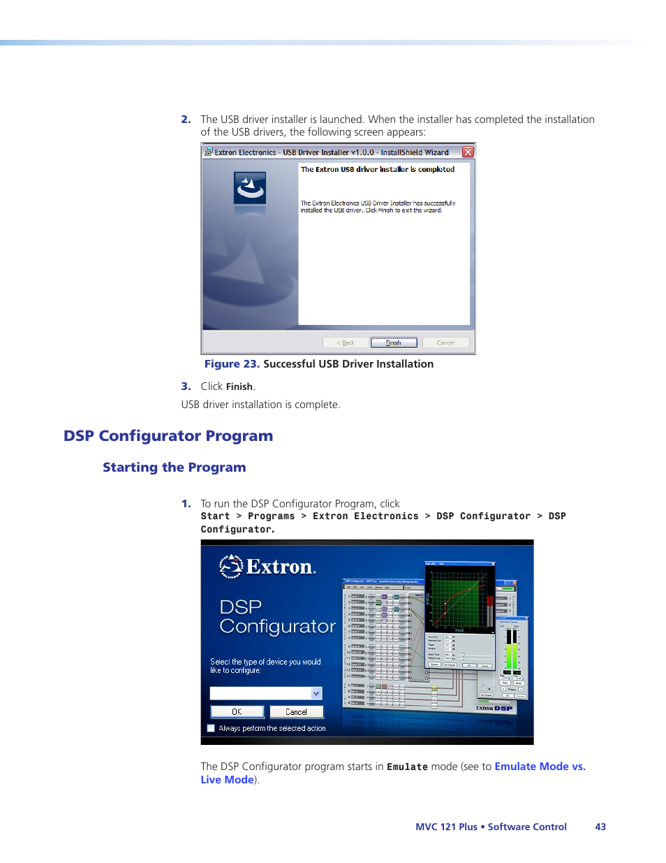 Dsp configurator program, Starting the program | Extron Electronics MVC 121 Plus User Guide User Manual | Page 49 / 63
