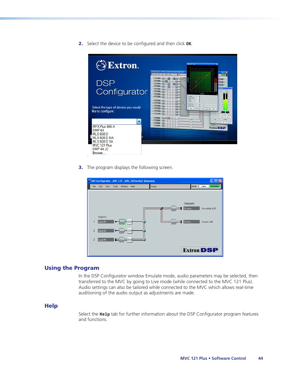 Using the program, Help | Extron Electronics MVC 121 Plus User Guide User Manual | Page 50 / 63