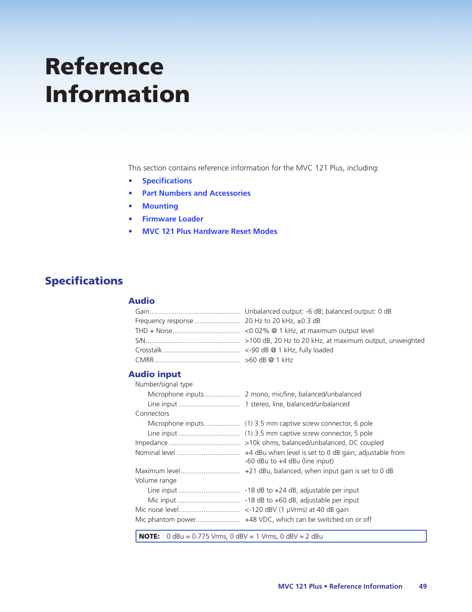 Reference information, Specifications | Extron Electronics MVC 121 Plus User Guide User Manual | Page 55 / 63