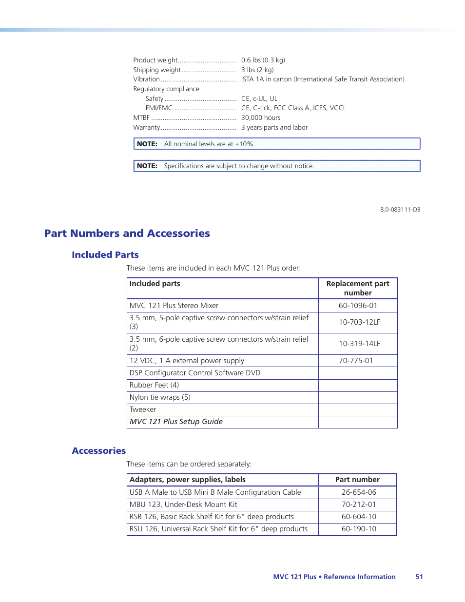 Part numbers and accessories, Included parts, Accessories | Extron Electronics MVC 121 Plus User Guide User Manual | Page 57 / 63